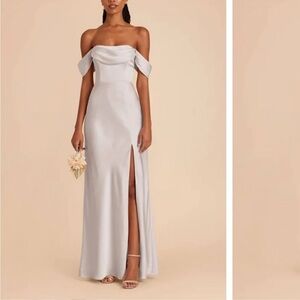 Birdy Grey Shiny Satin Platinum Mia Off Shoulder Gray Brides Maid Dress NWT M